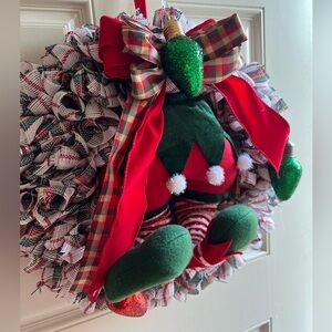 Christmas Elf Plush Bottom  Front Door Wreath Handmade Deco Mesh Decor